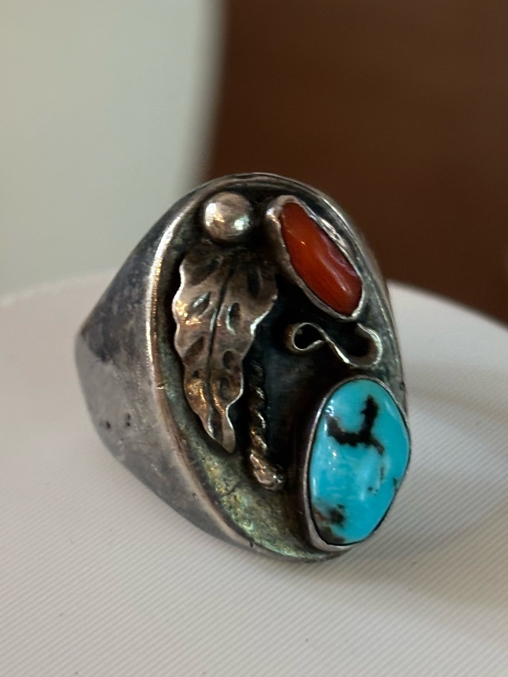 Vintage Sterling Silver Turquoise Coral Ring 10 Southwestern Native Old Pawn 21g - Picture 3 of 10